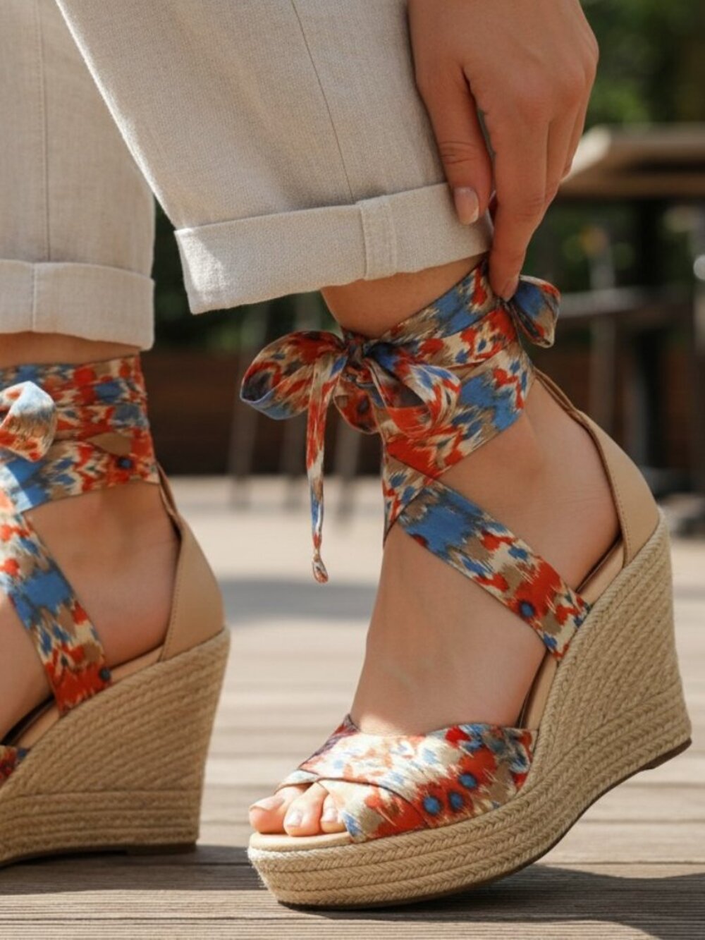 UGG Floral Ankle-Wrap Ribbon Espadrille Wedges - Size 8